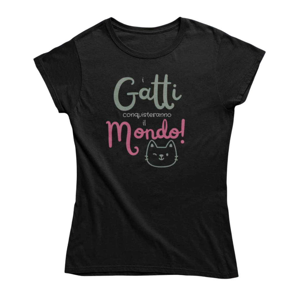 T-Shirt Donna Divertente Con Stampa Gatti Conquisteranno Il Mondo