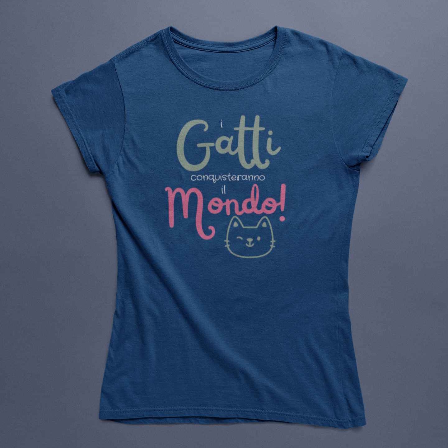 T-Shirt Donna Divertente Con Stampa Gatti Conquisteranno Il Mondo
