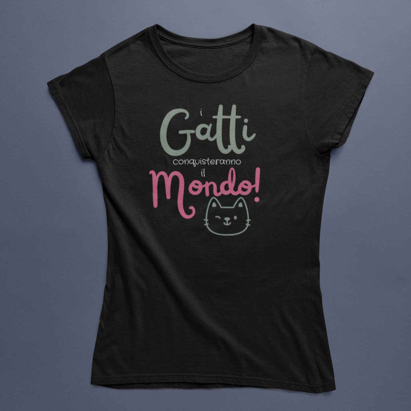 T-Shirt Donna Divertente Con Stampa Gatti Conquisteranno Il Mondo
